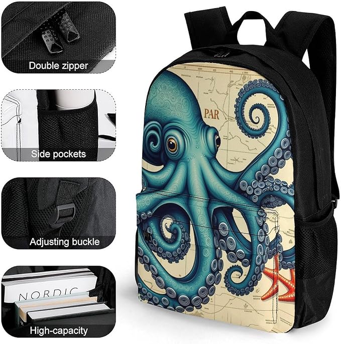 Supdreamc Daypack Backpack Polyester Multipurpose Anti-Theft Retro Octopus Art Shoulder Bag Big Capacity Gym Outdoor Hiking Backpack With Smooth Zippers