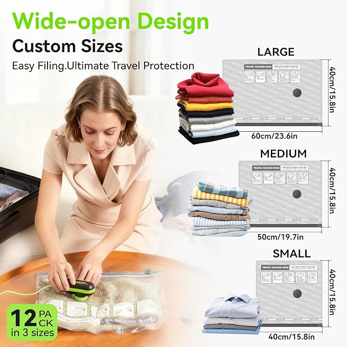 12 Pack Vacuum Travel Bags with Pump for Clothing with USB and TYPE C Pump,Carry-on Size Space Saver vacuum seal bags for clothing Storage Bags for Vacation Cruise（Green）