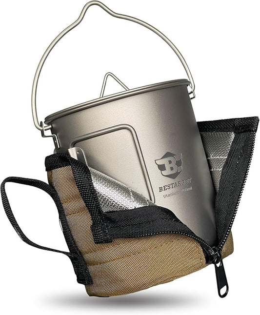 Bestargot Camping Titanium Pot, 750ml Outdoor Cup with Insulation Cup Carrier, Titanium Camping Drinkware, 132g Lightweight and Large Capacity (750 titanium)