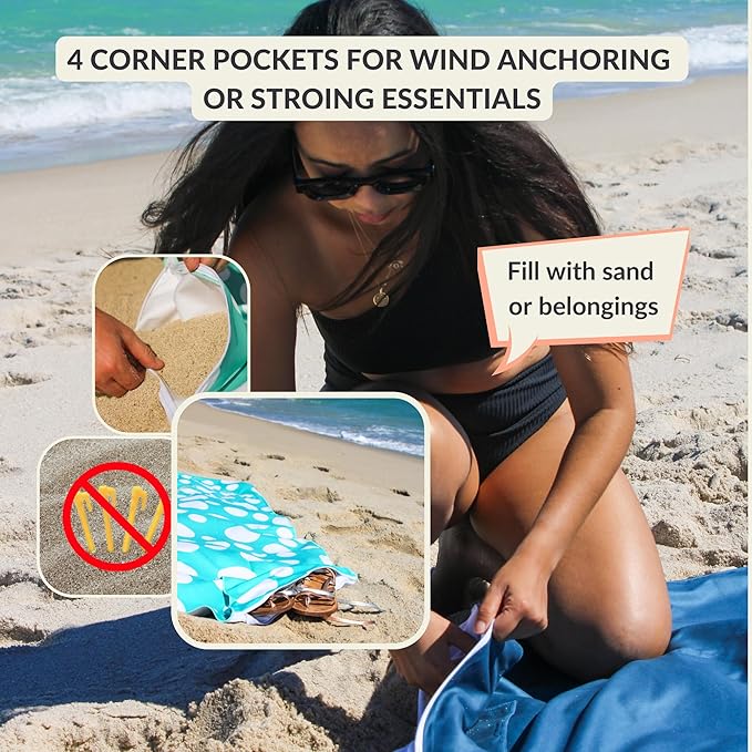 Plush Microfiber Beach Blanket, Extra Large Beach Mat for 3-6 Persons, Sandproof, Windproof | Hole for Umbrella, Corner Sand Pockets to Fight Wind (Bag for Blanket Included)