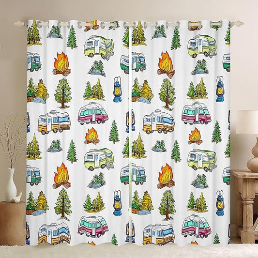 Feelyou Vintage Camper Curtains for Bedroom Living Room Rustic Camping Trailer Blackout Darkening Drapes Camping Campfire Window Treatments, 2 Panels 52 x 96 Inch Rustic Camping Trailer Room Decor