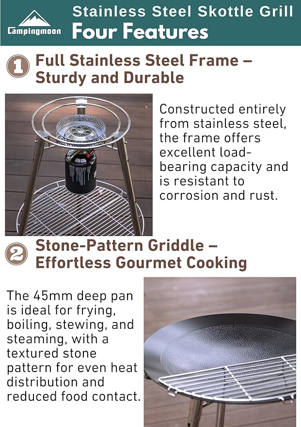 CAMPINGMOON 18 inches BBQ Griddle with EN417 Lindal valve Standard Canister Top Camping Gas Stove Burner Stand Rack Skottle Grill Cooking System Kit GR-901