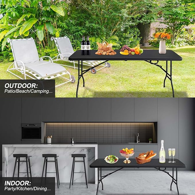 Portable Plastic Folding Table 4ft/6ft/8ft Heavy Duty White Black Picnic Dining Table Fold-in-Half for Camp Party Kitchen Indoor Outdoor