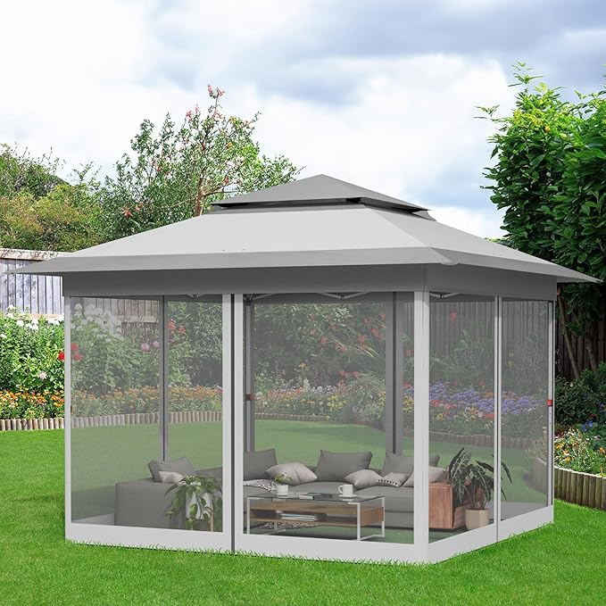 TLSUNNY 13' X 13' Pop Up Gazebo, Outdoor Canopy Tent W/4 Mesh Walls & Wheeled Bag, Screened Shelter with Netting, One-Person Set Up, Height Adjustable, for Patio, Yard, Party, Garden (Grey)