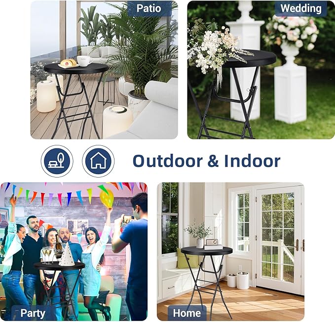 Cocktail Table 28in Folding Round High Top Indoor Outdoor with Removable Legs, Tall Bistro Foldable Bar Height Table for Parties, Patio, Backyard, Dining Room, Events, Black- 2PCS