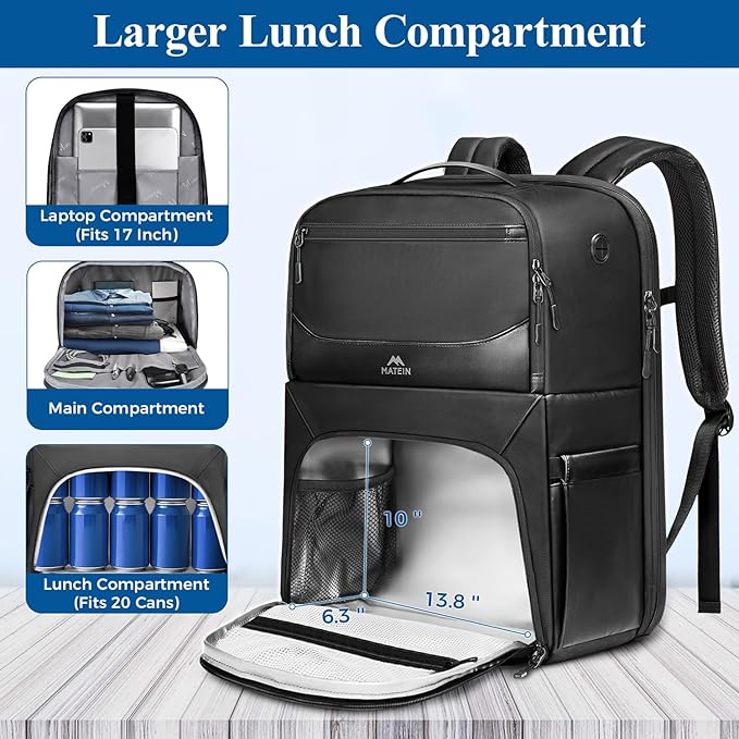 MATEIN Lunch Backpack for Men, Waterproof Meal Prep Work Backpack with Lunch Compartment, Large TSA 17 Inch Laptop Back Pack Lunchbox with Chest Strap, Insulated Cooler Work Bag for Office Commute