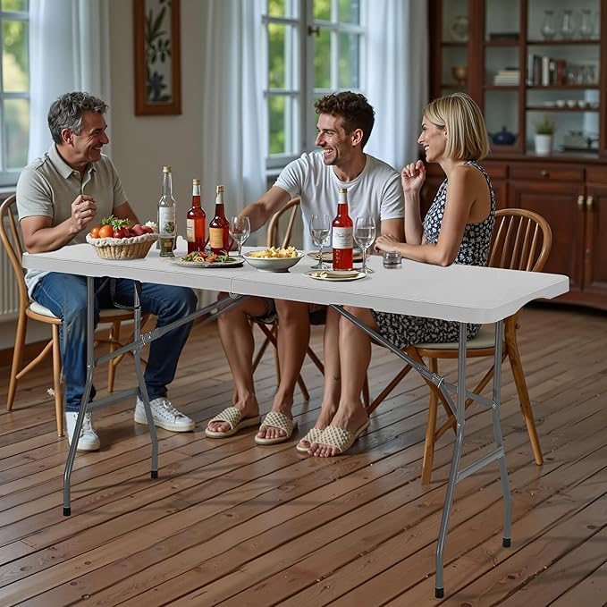VEVOR Folding Table, 6 Ft Heavy Duty Portable Fold-in-Half Utility Table, Indoor Outdoor Plastic Rectangle Table with Built in Handle, for Party, Dining, Wedding, Events, Picnic, Camping, White