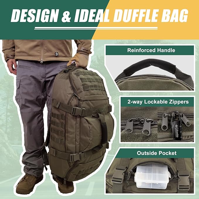 55L Large Travel Gym Duffle Bag Military Tactical Backpack, Army Pack 3 Day Bug Out Bag Rucksack for Outdoor Sport Hiking Camping with Molle System, Olive