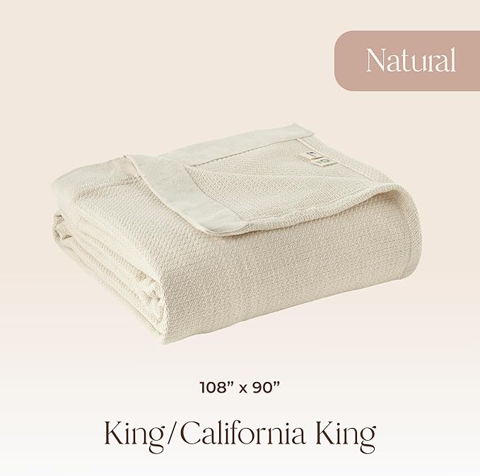 100% Organic Cotton Blanket - GOTS & Fairtrade Certified Organic Cotton Throw Blanket for Bed with Soft Warm & Breathable Single Knit Weave - Great as Bedspread or Coverlet (Natural, King/Cal King)