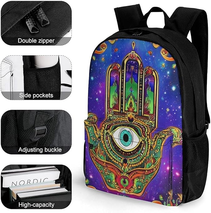 Daypack Bookbag Anti-Theft Multipurpose Large Capacity Bookbag, Colorful Eye Hamsa Hand Lotus Ethnic Indian Art Travel Hiking Camping Rucksack With Adjustable Shoulder Straps