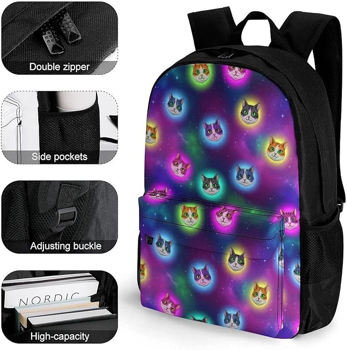 Men Women Lightweight Galaxy Cats Cat Heads In Space Galaxy Casual Daypack Large Capacity Bookbag With Adjustable Shoulder Straps for Gym Business Bicycle