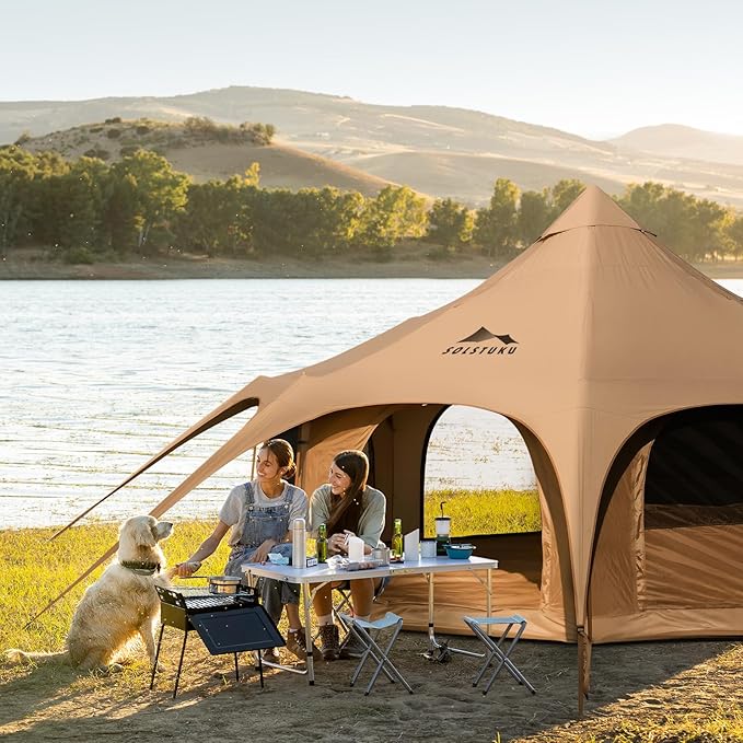 SOLSTUKU Canvas Tent Bell Tent 16.4ft*High9.2ft with Stove Jack for Glamping Family Camping Zipped Removable Floor