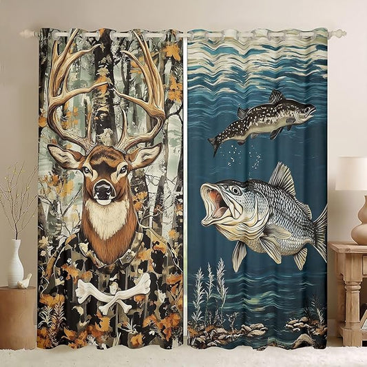 Manfei Camo Deer Hunting Window Drapes,Basa Fish Lake House Rustic Farmhouse Blackout Curtains,Dead Branch Sea Water Camping Boys Girls Room Decor,Brown 2 Panels,42Wx63L inch