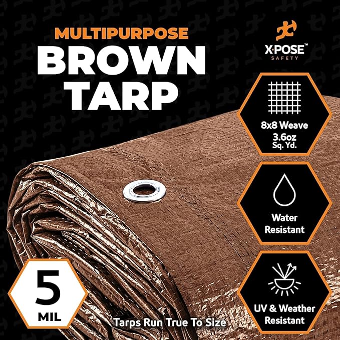 Multipurpose Protective Cover Brown Poly Tarp 30' x 40' - Bulk Half Pallet (42 Pack) Durable, Water Resistant, Weather Resistant - 5 Mil Thick Polyethylene - by Xpose Safety