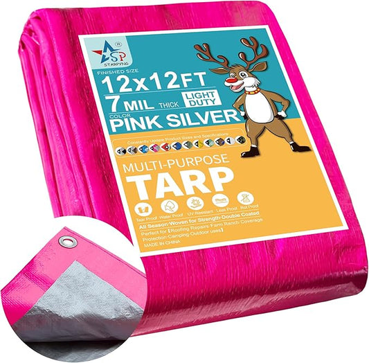 STARPYNG-7 Mil Pink/Silver 12x12 Feet Tarp-Multifunctional Waterproof Tarpaulin-Waterproof, UV Resistant, Rip and Tear Resistant, Poly Tarpaulin with Reinforced Edges for Cover