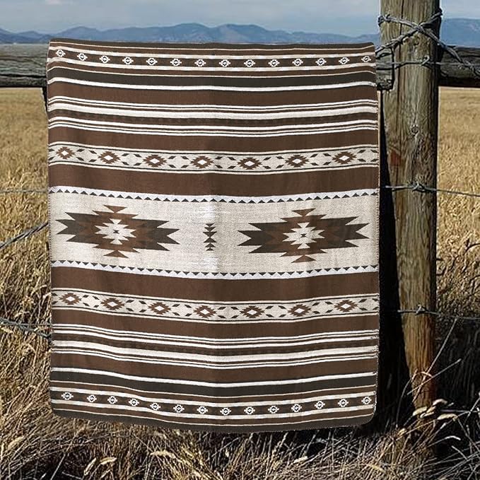 Aztec Patterned Throw Blanket with Soft Sherpa Lining, Traditional Southwestern Navajo Tribal Style Warm Throw for Camping, Outdoor, Light Weight Cozy Boho Blanket for Couch, Sofa, Bed, 50"x60", Brown