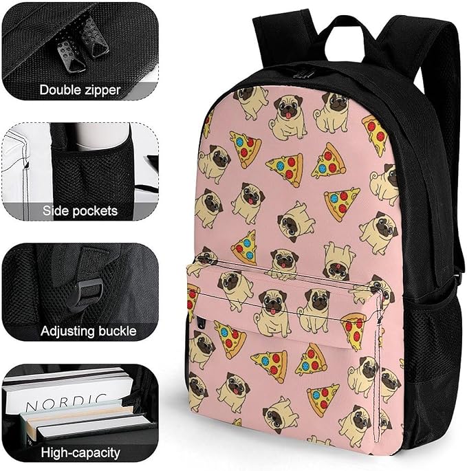 Lightweight Rucksacks for Camping Picnic Walking Cycling, Large Capacity Multipurpose Anti-Theft Carry On Bag, Pug Pizza Pink Travel Hiking Camping Rucksack