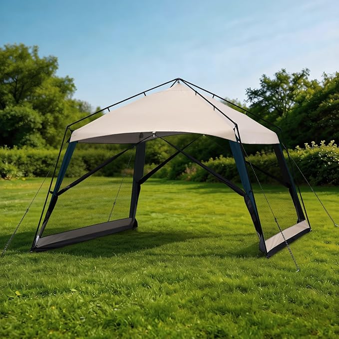 12 x 12 FT Camping Screen Tent for 8-10 Person, Easy Setup Screen House with UV 50+ Sun Protection & Mosquito Net for Camping, Backyard, Picnic, Patio Outdoor Beige & Navy