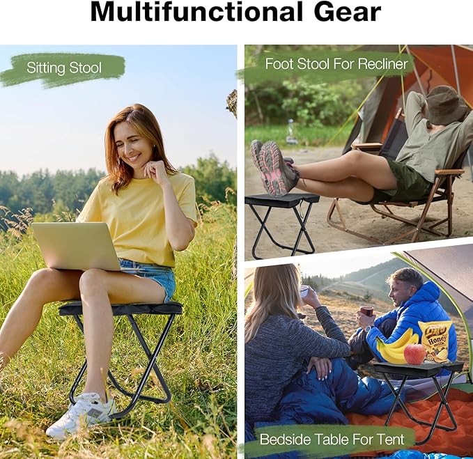 16" Foldable Portable Camping Stool Heavy Duty 350lbs for Adults Hiking, Lightweight Travel Stool with Carry Bag, Black
