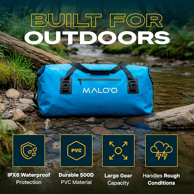Malo’o Waterproof Dry Duffel, Heavy-Duty Roll Top Waterproof Gear Bag with Shoulder Strap & Molle Loops, Marine Duffel for Kayaking, Boating, Camping, Beach & Travel, Blue, 60L
