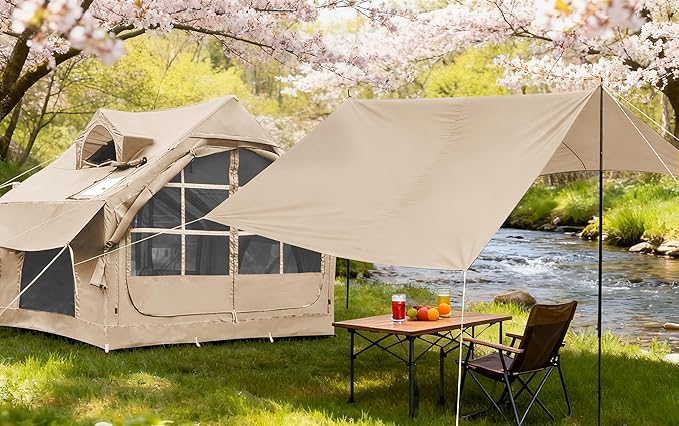 Inflatable Tents for Camping with Stove Jack, 2/4/6/8 Person Easy Setup Blow Up Tents for 4 Seasons Waterproof Inflatable Camping Tent with Awning, Air House Glamping Tents for Camping Adult