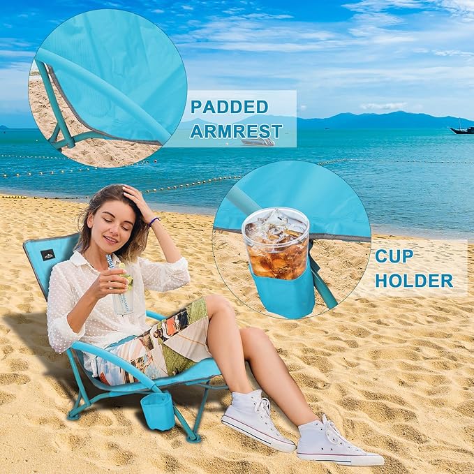NORTHROAD 2 Pack Low Folding Beach Chair,Portable Lightweight Lowback Sling Chair, Outdoor Low Seat Camping Chair w/Cup Holder & Carry Bag for Sand Camping Lawn Picnic Festival,Blue