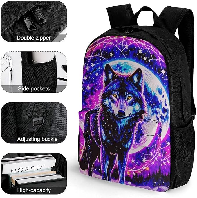 Supdreamc Men Women Polyester Trippy Wolf Space Galaxy Art Daypack Bookbag Big Capacity Shoulder Bag With Padded Straps for Climbing Travel Walking Cycling