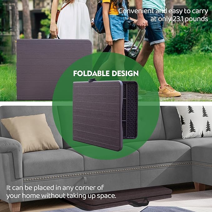 Foldable Table, Plastic 6FT Folding Table, Indoor Outdoor Portable Utility Table with Handle for Party, Camping and Picnic, Brown