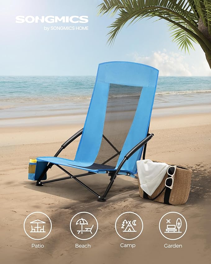 SONGMICS Set of 2 Portable Beach Chairs for Adults, Max. Load 330 lb Each, High Backrest, Cup Holder, Lightweight, Heavy-Duty, Light Blue UGCB067Q01V1