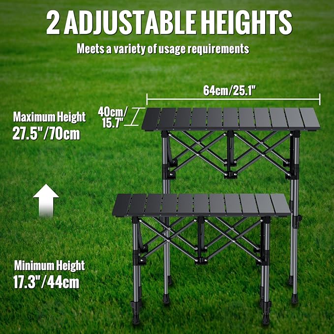 GARLLEN Folding Camping Table, Portable Roll-up Picnic Table with 2 Adjustable Height, Lightweight Aluminum Outdoor Table with Storage Net and Carrying Bag for Camping, Picnic, BBQ