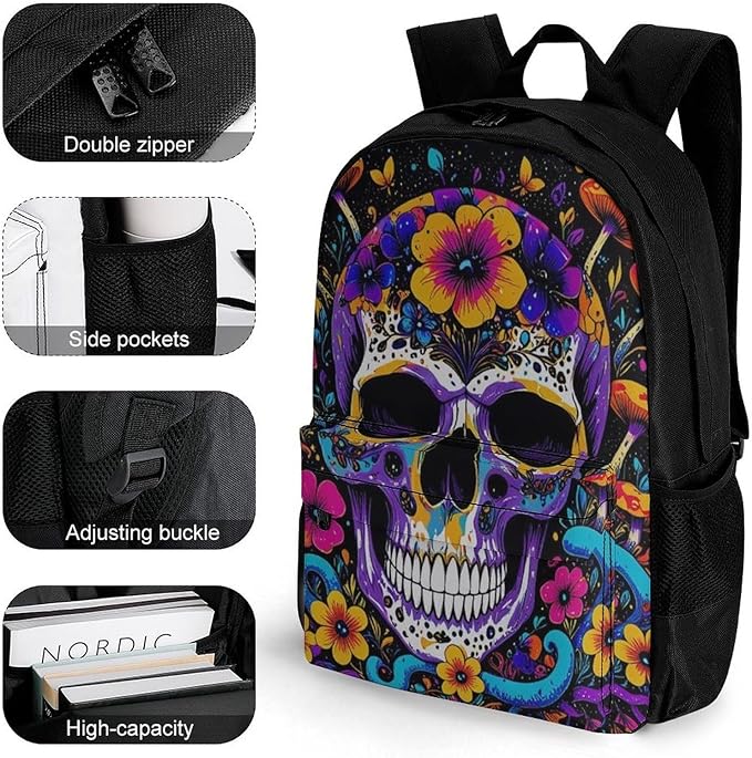 Men Women Polyester Trippy Skull Head Mushroom Art Daypack Bookbag Big Capacity Shoulder Bag With Padded Straps for Climbing Travel Walking Cycling