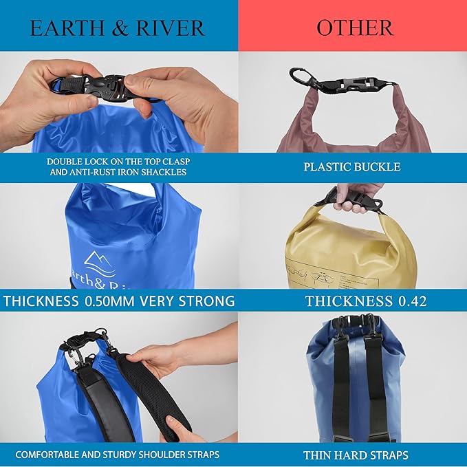 EARTH&RIVER Premium Waterproof Dry Bag Backpack, Extra Thick, Protection for All Water Activities & Camping, Floating Lightweight Dry Bag & IPX8 Waterproof Phone Case (Navy Blue, 10L)