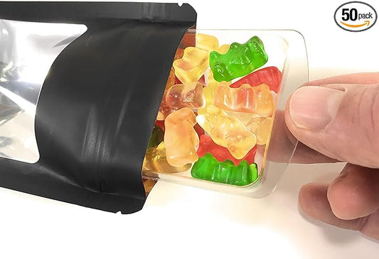Smell Proof Odor Free Mylar TRAYBAGS (50 pack) Stand Up Foil Pouch, Strong Reusable Zip Seal, 4 Mil Thick. ROYPACK (Matte Black with Window, Small)