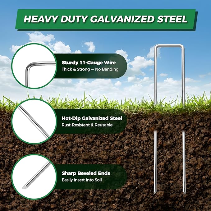 100Pcs Landscape Fabric Stakes 6 Inch + 100Pcs Gaske+Pick Hook+Rubber Mallet, Weed Barrier Stakes 11 Gauge U Shaped Galvanized Landscape Pins Yard Ground Pin for Weed Barrier Sod Fabric Decoration