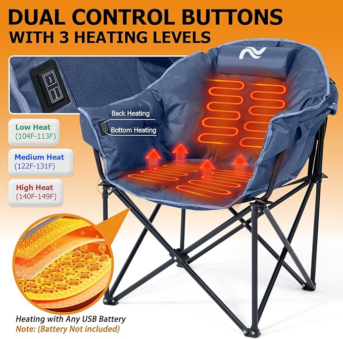 LILYPELLE Oversized Heated Camping Chair, Patio Lounge Chairs with 3 Heat Levels, Portable Folding Heated Chair Round Moon Saucer Folding Lawn Chair Outdoor Chair for Camping, Lounge Patio