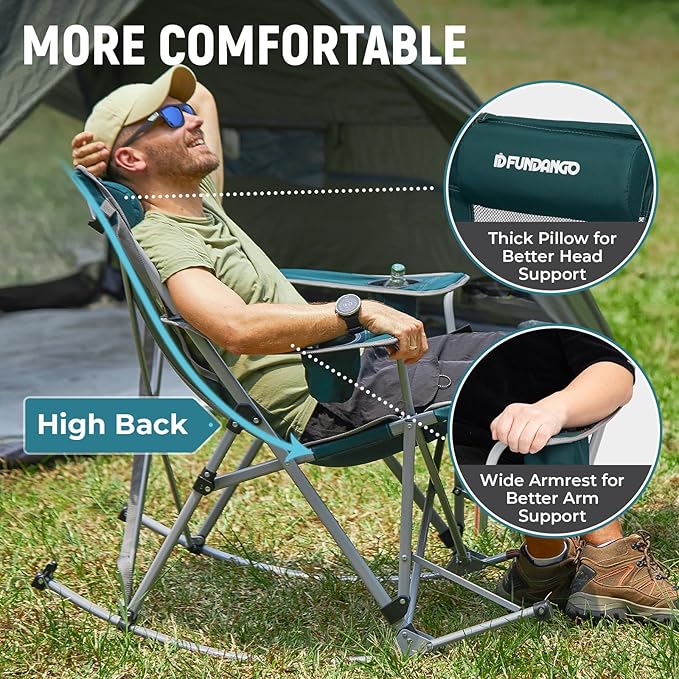 FUNDANGO Rocking Camping Chair, 2 Pack High Mesh Back Portable Folding Camp Chairs with Pillows, Cup Holder and Carry Bag for Lawn Patio Garden Outdoor Supports 300 Lbs (Green/Grey)
