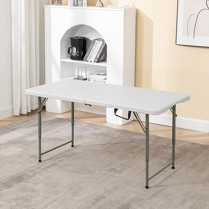 BTEXPERT Set of 2, 4 Feet Plastic Folding Table Height Adjustable Portable Carrying Handle Indoor Outdoor Picnic Camping Office Home Party, White, Fold in Half