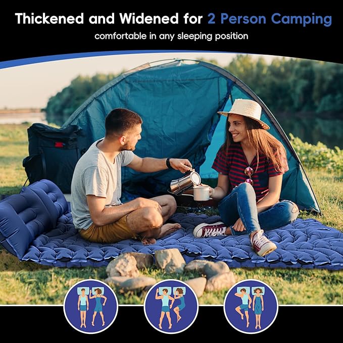 Double Sleeping Pad for Camping, 4" Extra-Thick, Self Inflating Camping Mattress for 2 Person with Pillow, Built-in Foot Pump, Portable Sleeping Mat for Backpacking, Hiking, Traveling, Tent