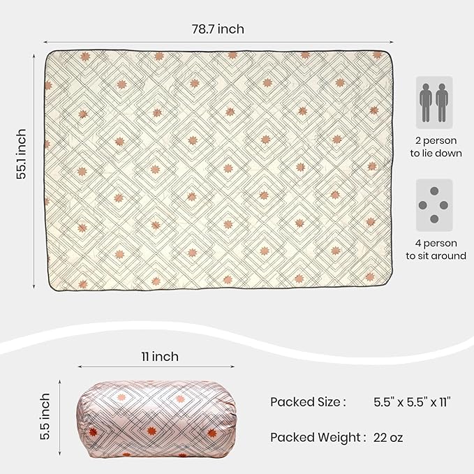 Waterproof Outdoor Blanket, 79" x 55" Large Packable Picnic Blankets, Foldable Picnic Mat for Park, Lawn, Grass, Beach, Concert (Boho Geometric)