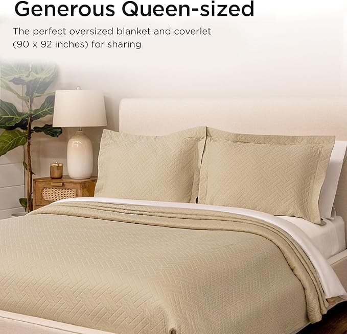Threadmill Luxury Cotton Blankets for Queen Size Bed | All-Season 100% Cotton Queen Size Blanket | Criss Cross Jacquard Cozy Lightweight, Soft Breathable Coverlet fits Full Size Bed, 90x92 | Beige