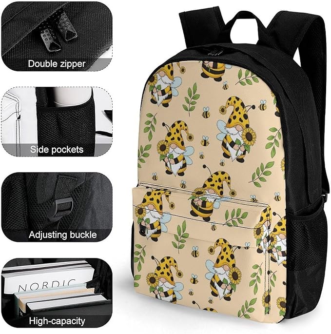 Supdreamc Lightweight Backpack for Gym Travel Bicycle, Big Capacity Multipurpose Anti-Theft Carry On Bag, Gnomes Bees And Sunflowers Art Travel Hiking Bag Day Pack