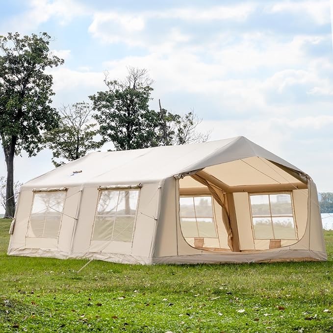 Inflatable Camping Tent with Hand Pump Waterproof Outdoor Blow up Tent 2-8 Person Oxford 4 Season Glamping Air Tent Cabin House with Mesh Windows & Door