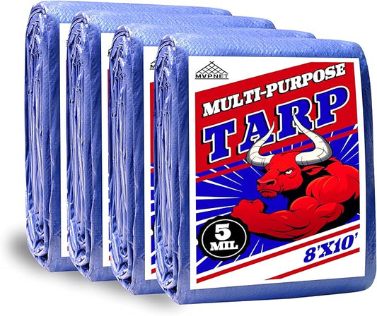 Tarp 8x10 ft (4-Pack) 100% Waterproof Uv Resistant High Durability Multipurpose 5mil Blue Tarp for Covering Courtyards, Cars, Camping, Gardens, Pet Nests -by MVPNET