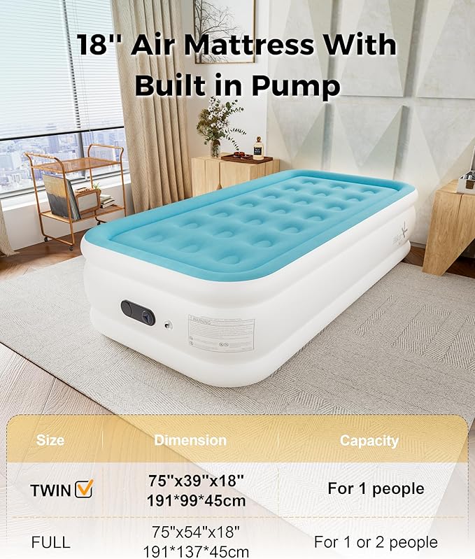 Twin Air Mattress with Built in Pump, Single Blow up Air Bed with Portable Storage Bag, Suitable for Home and Guests, Top Flocking, 18" Twin Sky Blue
