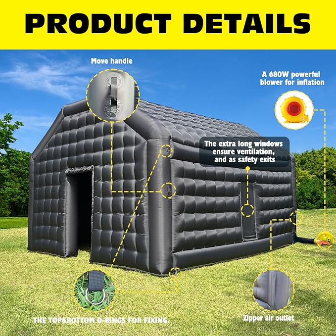 WARSUN Large Black Inflatable Nightclub 20x16.5x12Ft Inflatable Party Tent with Logo Area Inflatable Night Club Tent for Adults Wedding Birthday Raves Dance Floor Yard Party Business