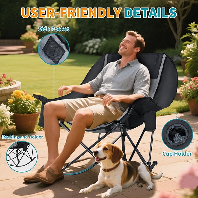 Oversized Rocking Camping Chair for Adults - Padded Recliner Rocker - Folding Lawn Chair with Cooler Bag and Pockets - Portable Rocker Chair Outdoor for Camp Patio Backyard