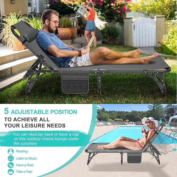 ABORON 3-in-1 Folding Patio Lounge Chair, 440LB Heavy-Duty Tri-Fold Guest Bed with Plush Cotton Cushion, No Assembly Adjustable Recliner for Office Nap, Patio Sunbathing, Poolside & Camping