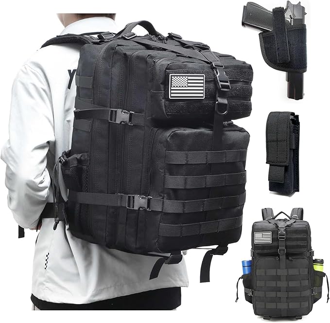 Tactical Gun Backpack for Men, 45L Military Backpack with Holster of Handguns, Bug Out Bag Army Molle Daypack 3-Day Pack W.Side Pocket for Gym Camping Hiking Trekking(Black)