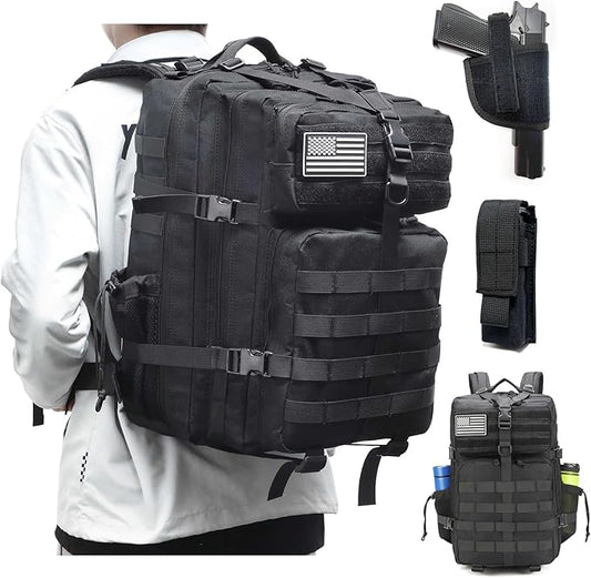 Tactical Gun Backpack for Men, 45L Military Backpack with Holster of Handguns, Bug Out Bag Army Molle Daypack 3-Day Pack W.Side Pocket for Gym Camping Hiking Trekking(Black)