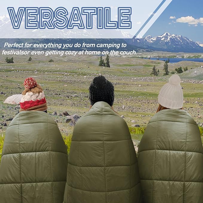 Outdoor Puffy Camping Blanket, Lightweight Down Alternative Puffy Printed Camping Large Ultra Warm Hammock Top Quilt Waterproof Blanket for Traveling Picnic Beach Party Cold Weather (Olive)